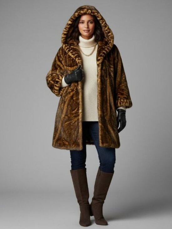 Jones New York Jackets & Blazers - Jones New York Lux Brown Faux Fur Coat Hook Closure Hooded Coat Women's Size 1X